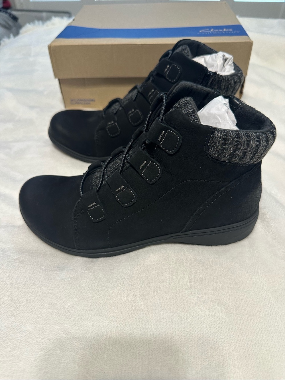 Clarks Black Lace-Up Ankle Boots with Knit Cuff
